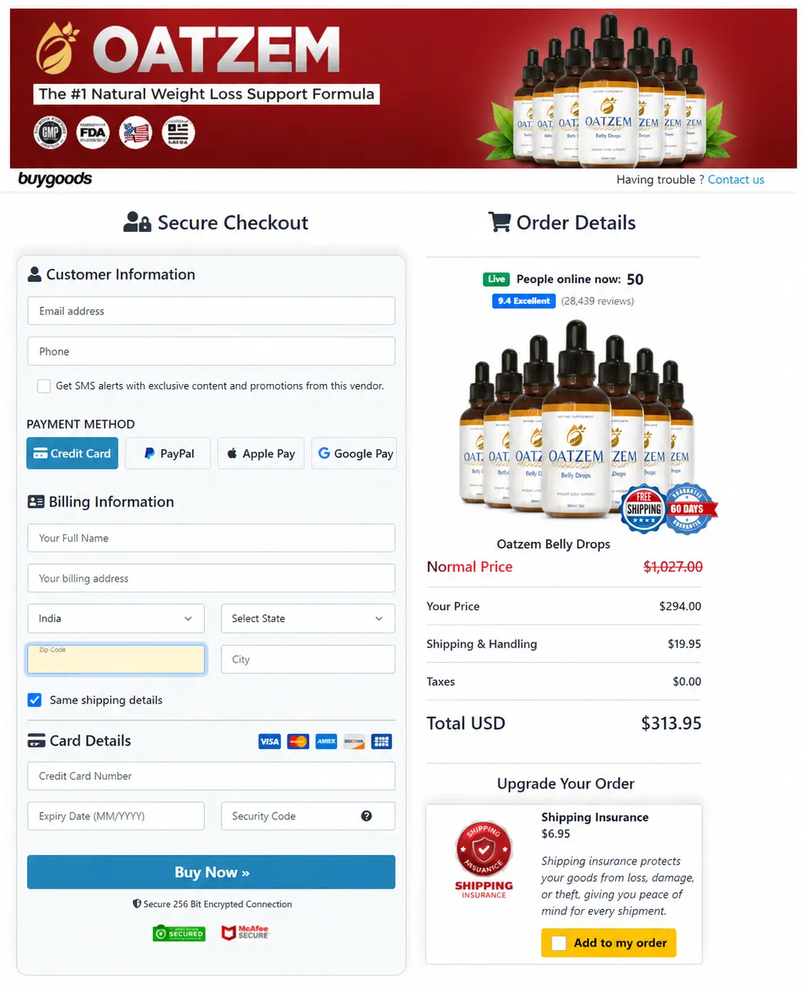 OatZem order and checkout information